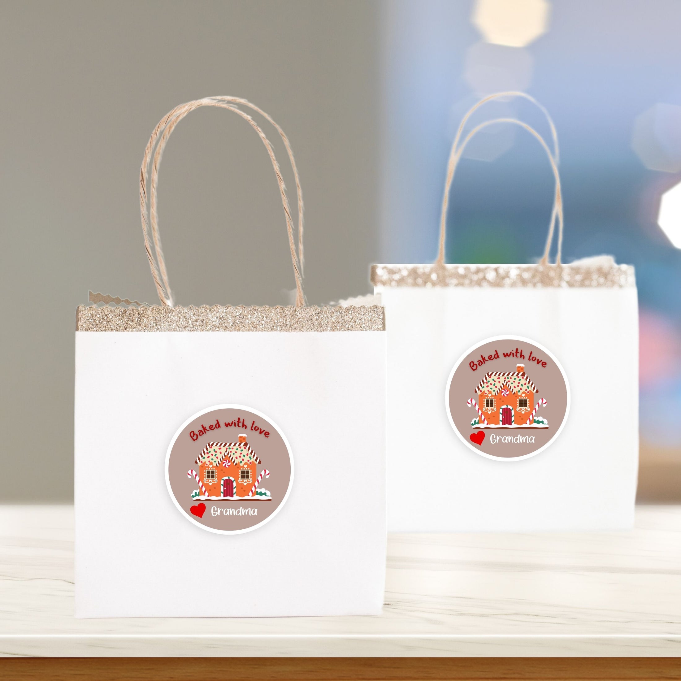 This image shows the personalized holiday stickers on two bags.