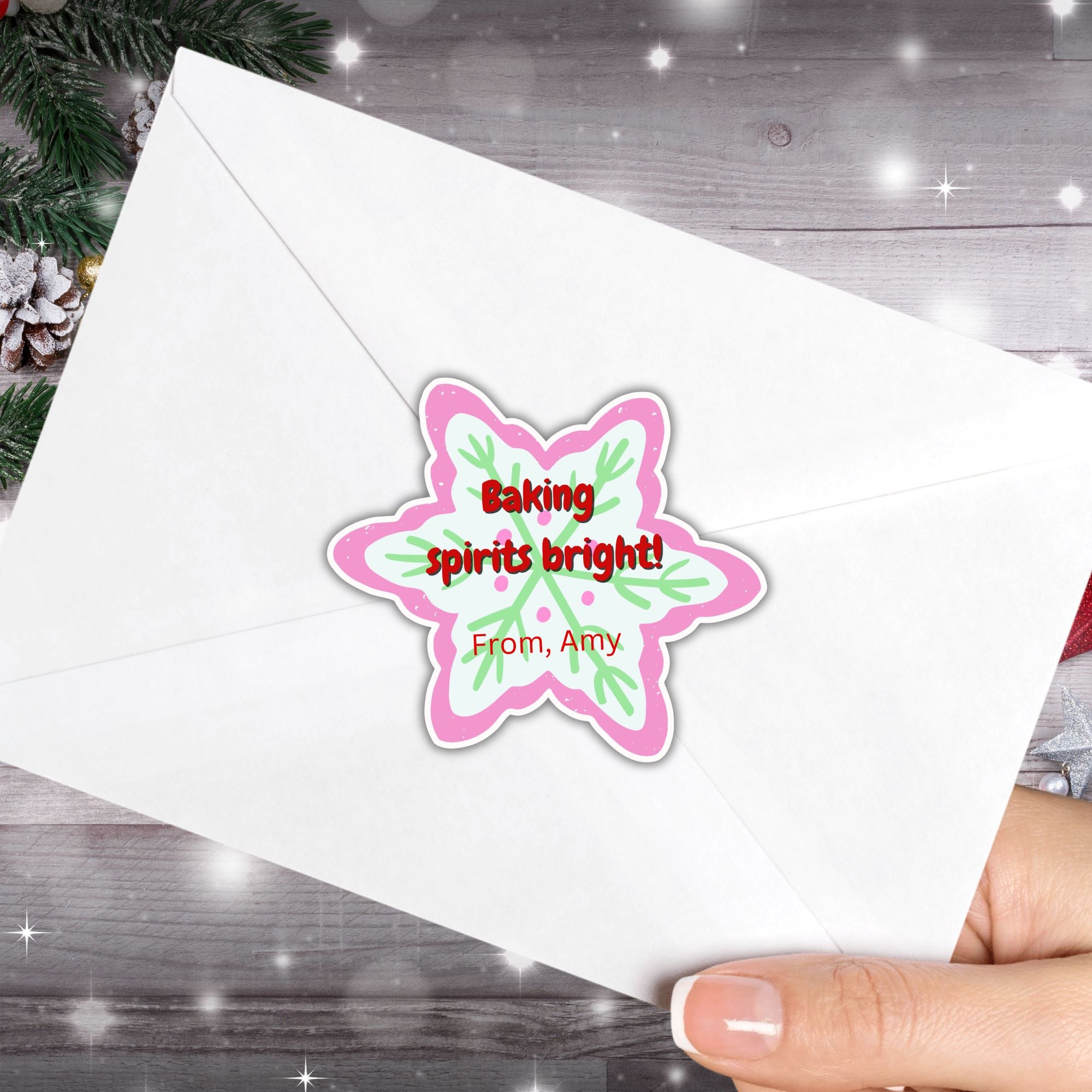 This image shows the Personalized Holiday Stickers - Baking Spirits Bright on the back of an envelope.