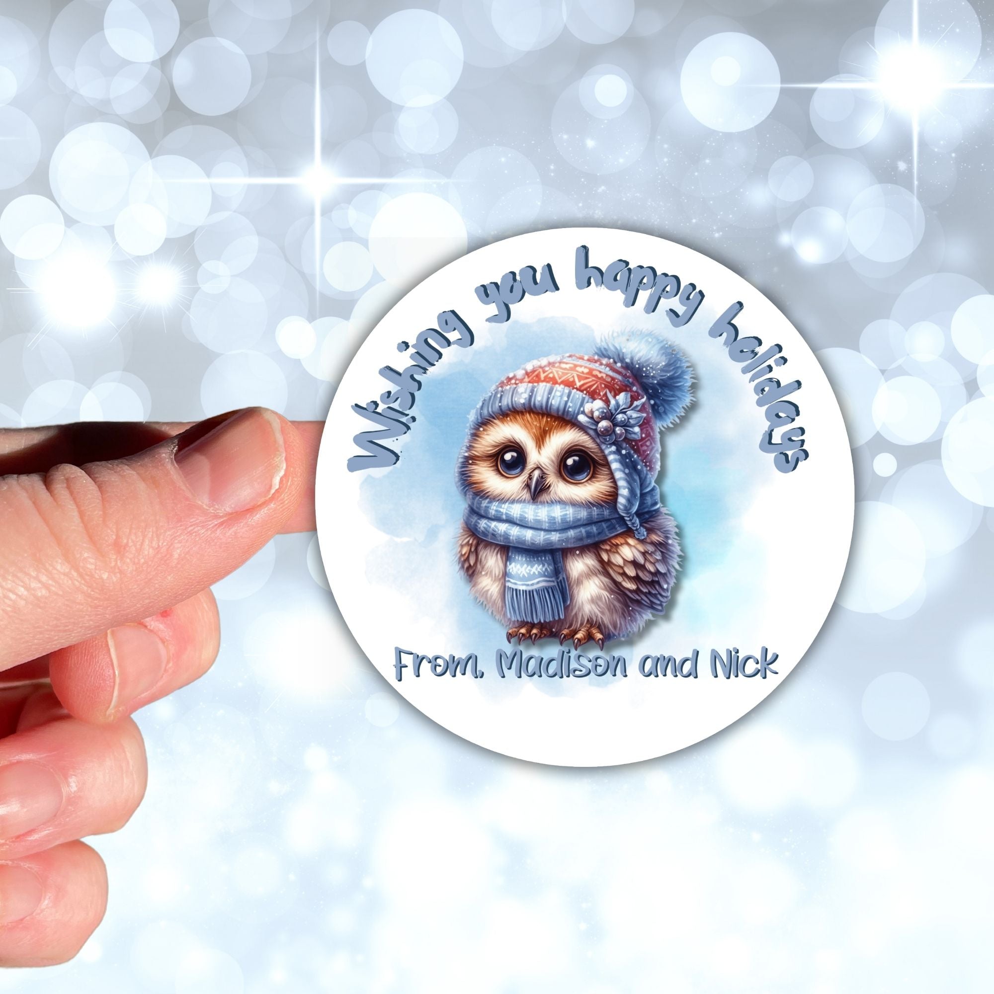 This image shows a hand holding the Personalized Holiday Stickers - Blue Owl.