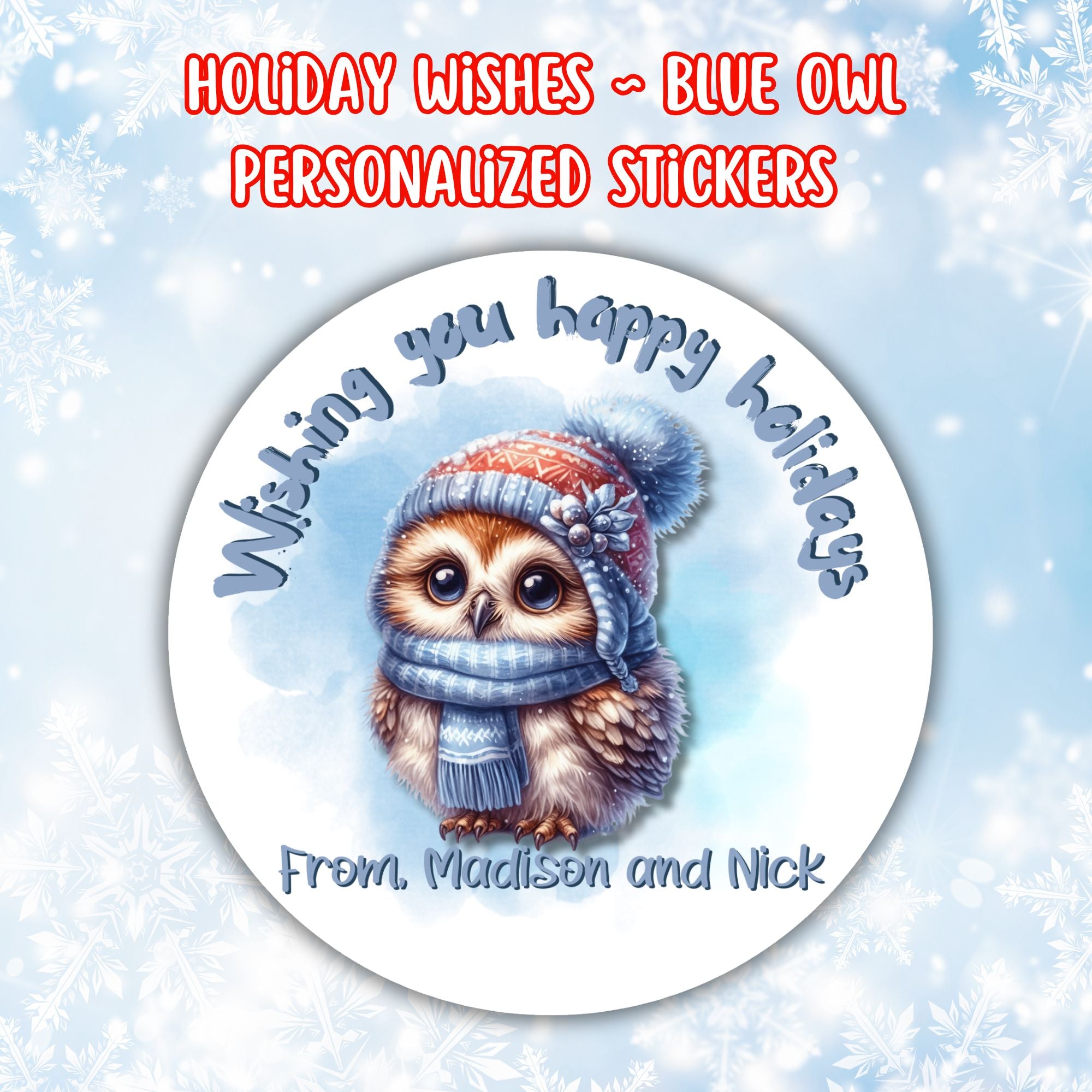 This image shows the Personalized Holiday Stickers - Blue Owl.