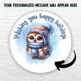 Load image into Gallery viewer, This image shows where your personalized message will be printed on the Personalized Holiday Stickers - Blue Owl.
