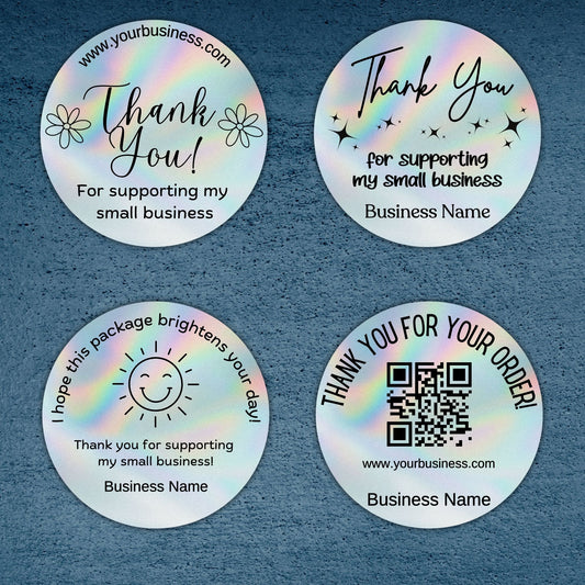 This image shows the 4 different styles, on holographic silver, available as part of the Personalized Business Thank You 2" Round Thermal Labels.
