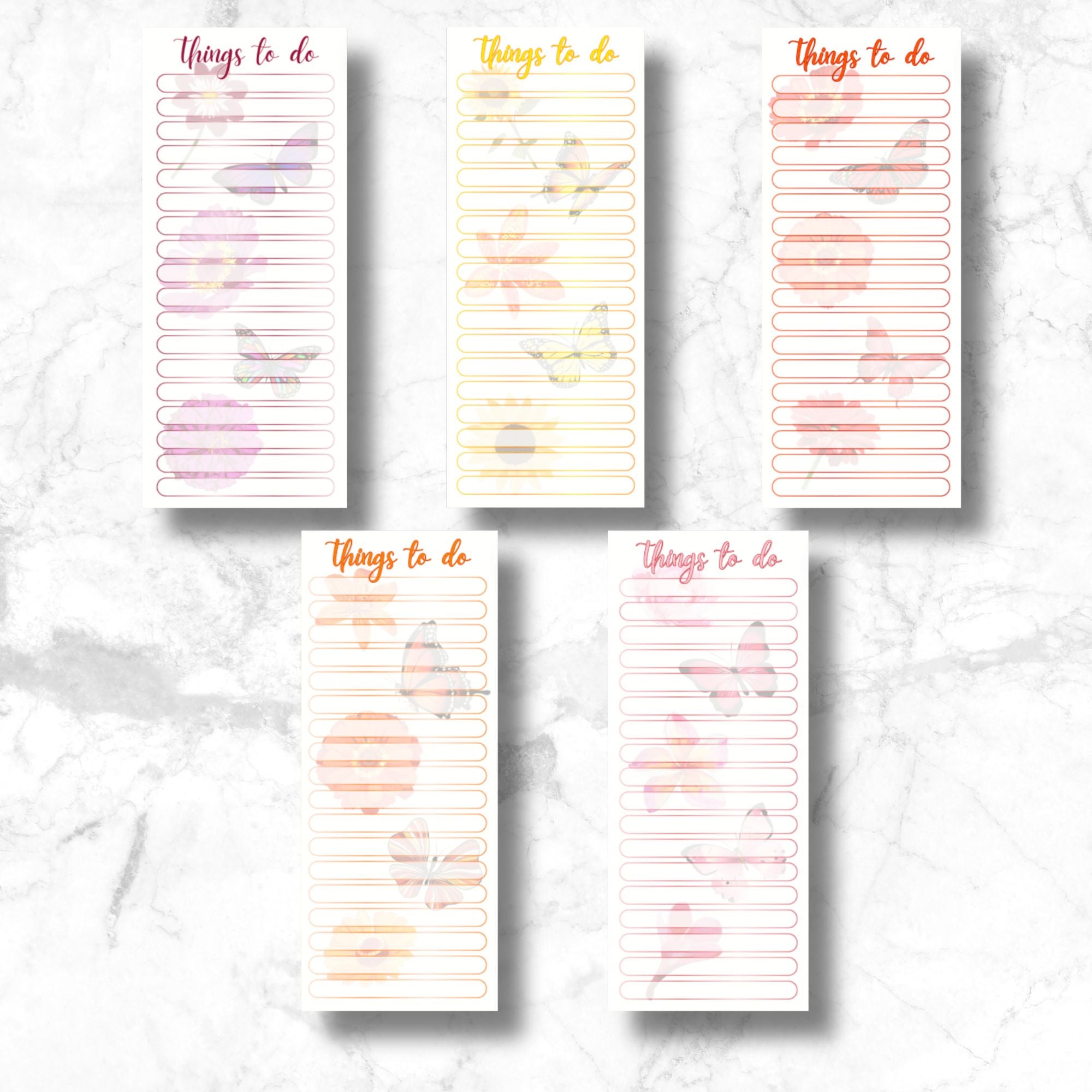 This image shows the 5 different designs/pages included in the Things to do Notepad - Butterflies and Flowers.