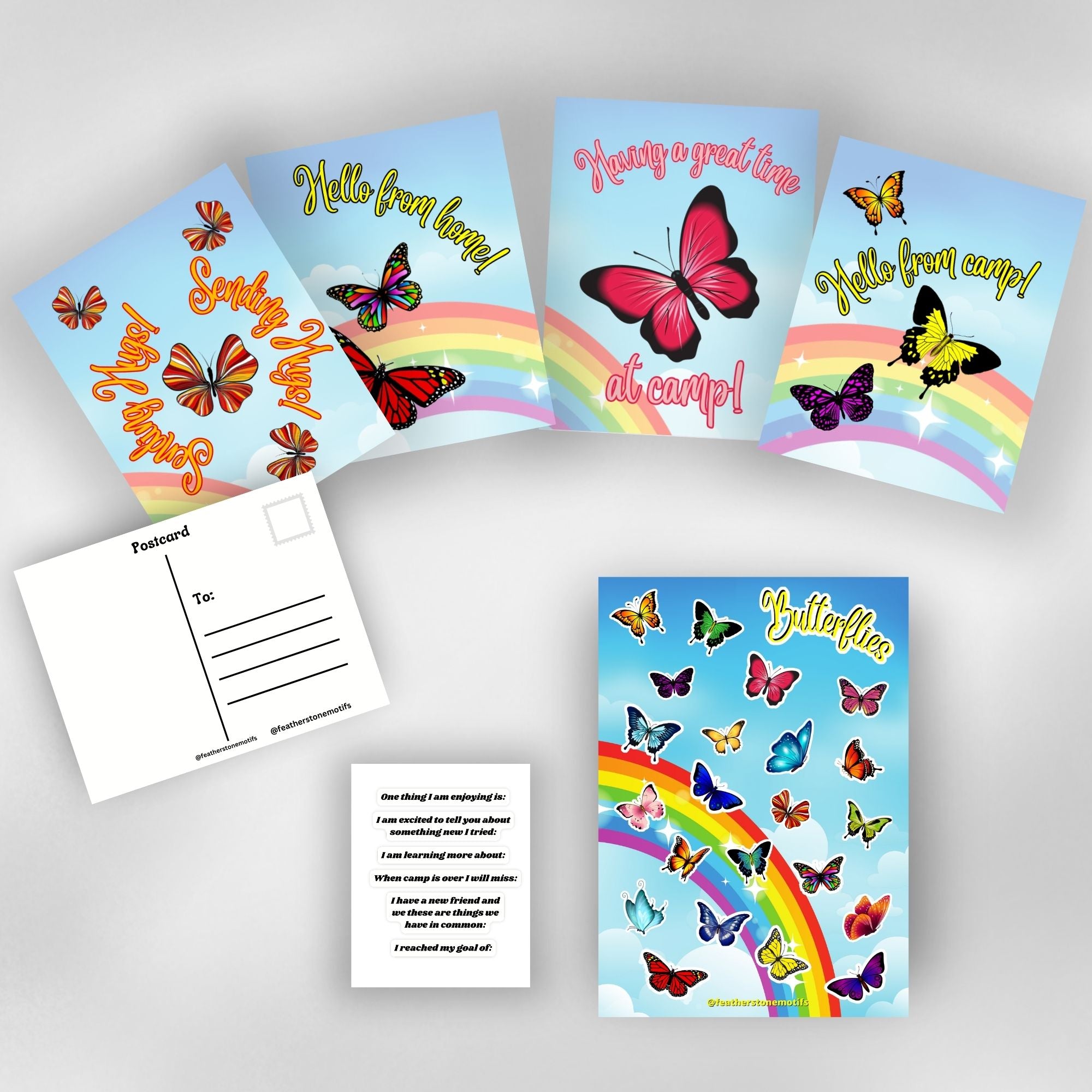 This image shows the full Butterfly themed Camp Postcard Kit.