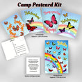 Load image into Gallery viewer, This image shows the Butterfly themed Camp Postcard Kit with descriptions and dimensions for each item.
