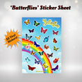 Load image into Gallery viewer, This image shows the Butterflies sticker sheet with 22 vinyl stickers that is included with the Butterfly themed Camp Postcard Kit.
