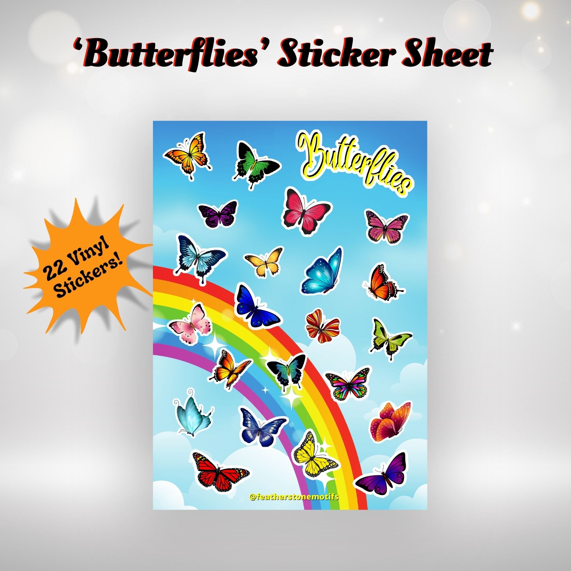 This image shows the Butterflies sticker sheet with 22 vinyl stickers that is included with the Butterfly themed Camp Postcard Kit.