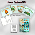 Load image into Gallery viewer, This image shows the Camp Postcard Kit - Happy Camper with descriptions and dimensions for each item.
