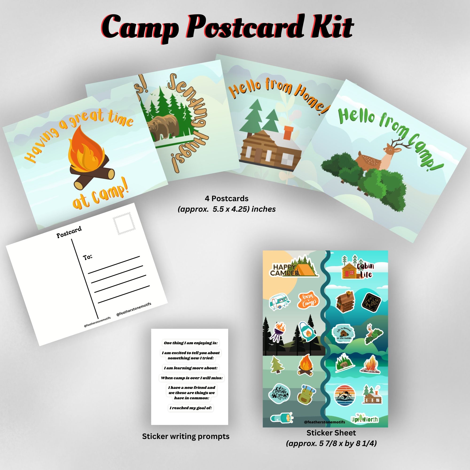 This image shows the Camp Postcard Kit - Happy Camper with descriptions and dimensions for each item.