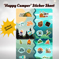 Load image into Gallery viewer, This image shows the Happy Camper sticker sheet with 20 vinyl stickers that is included in the Camp Postcard Kit - Happy Camper.
