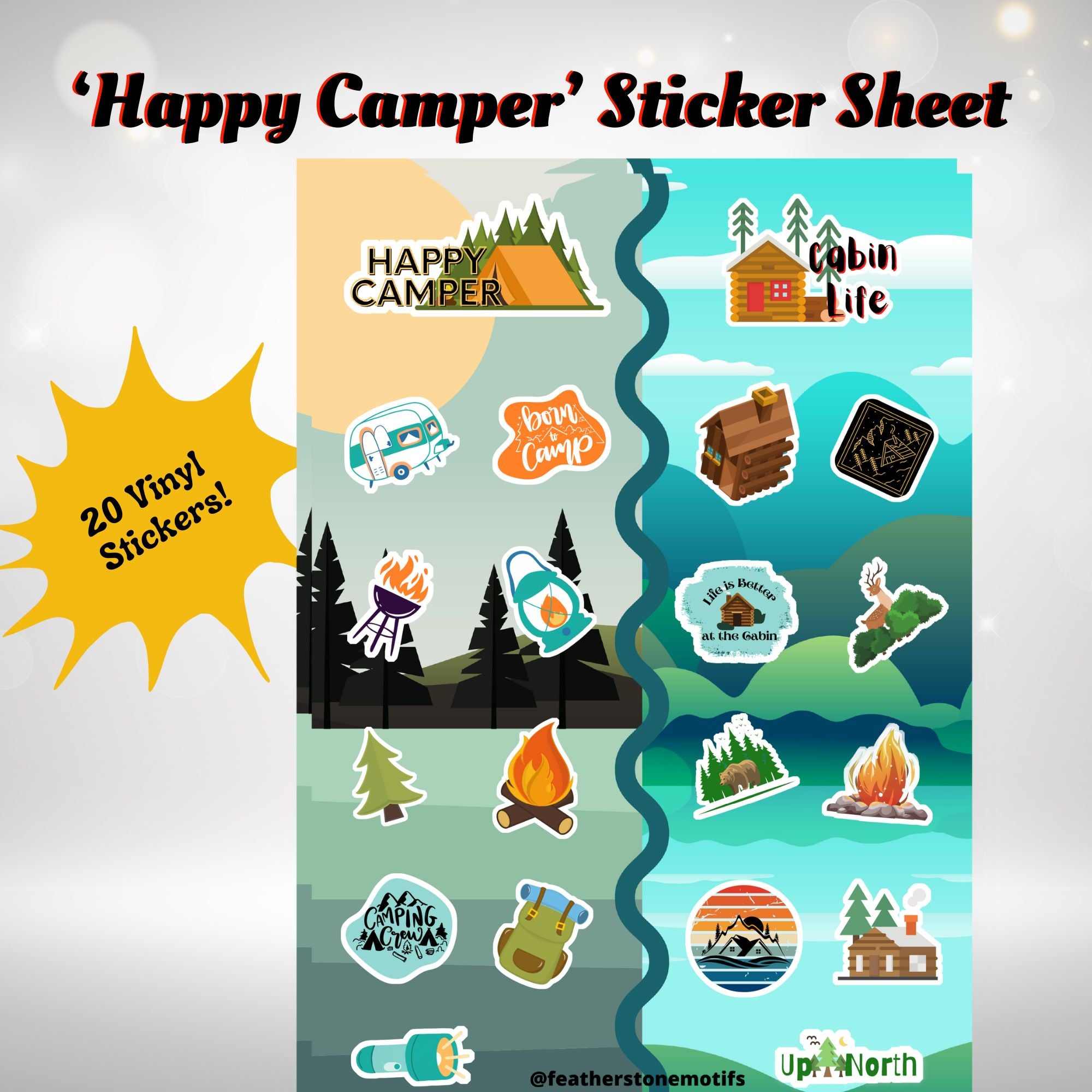 This image shows the Happy Camper sticker sheet with 20 vinyl stickers that is included in the Camp Postcard Kit - Happy Camper.