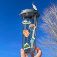 Load image into Gallery viewer, This image shows a water bottle with some of the Happy Camper stickers applied.
