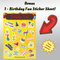 Load image into Gallery viewer, This image shows the Birthday Fun sticker sheet that is included with each order. 
