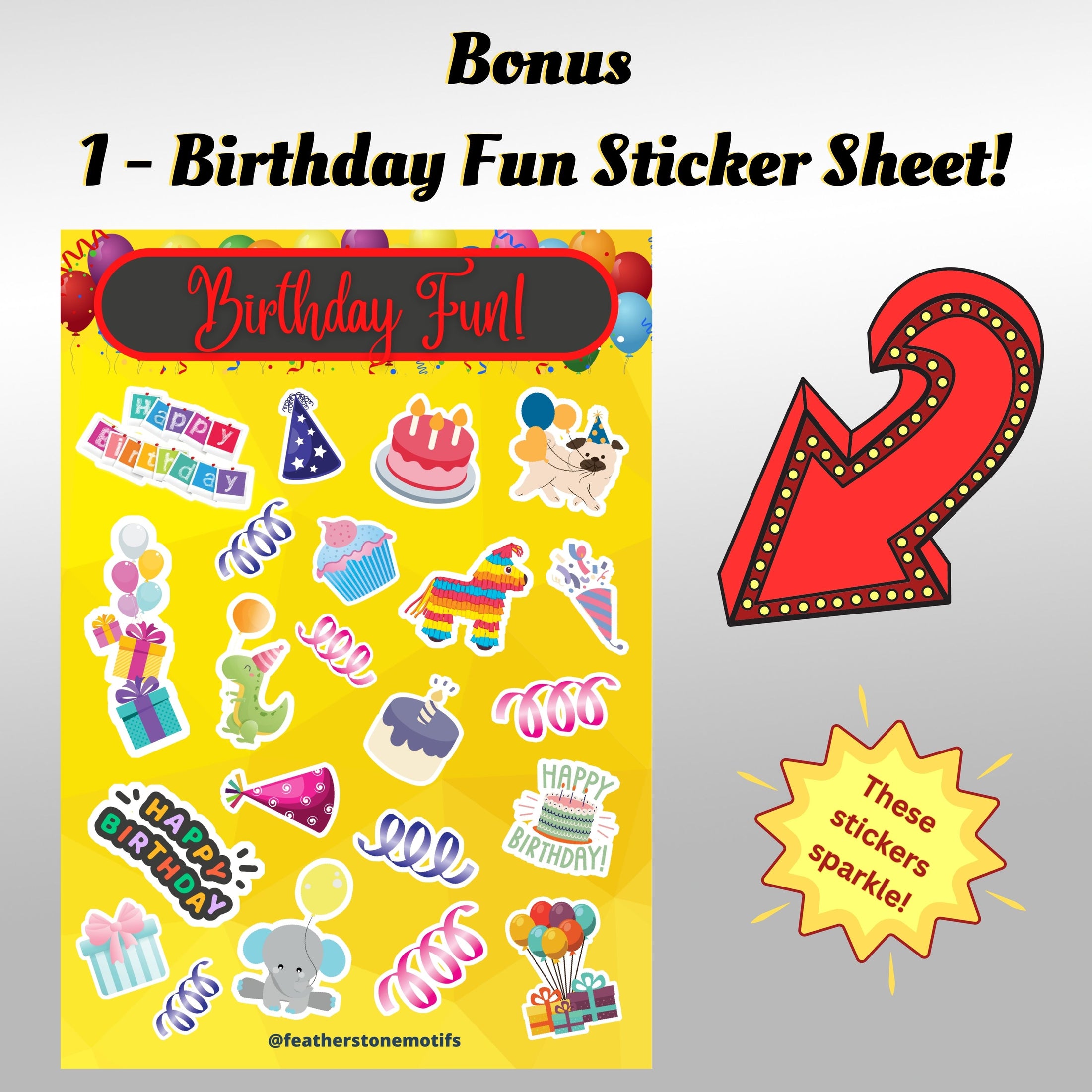 This image shows the Birthday Fun sticker sheet that is included with each order. 