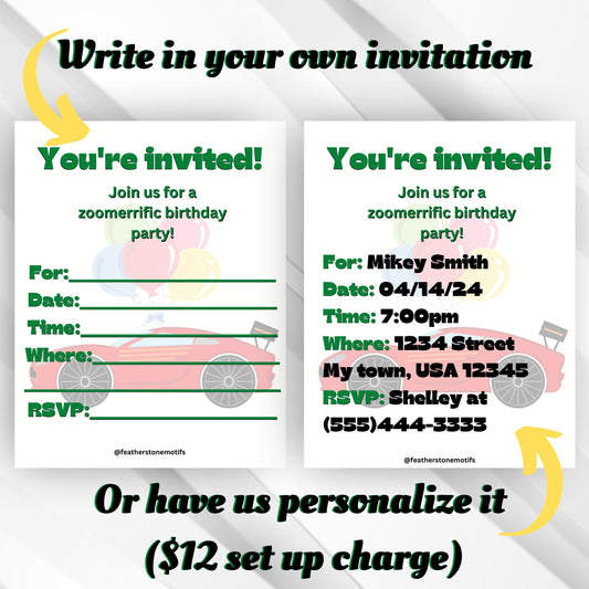 This image shows the invitation with blank lines to fill in yourself, or pre-printed by Featherstone Motifs for an additional set up fee.