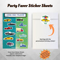 Load image into Gallery viewer, This image shows the cars and trucks sticker sheet included as a party favor, the cellophane bag, and the personalized paper thank you sticker. 
