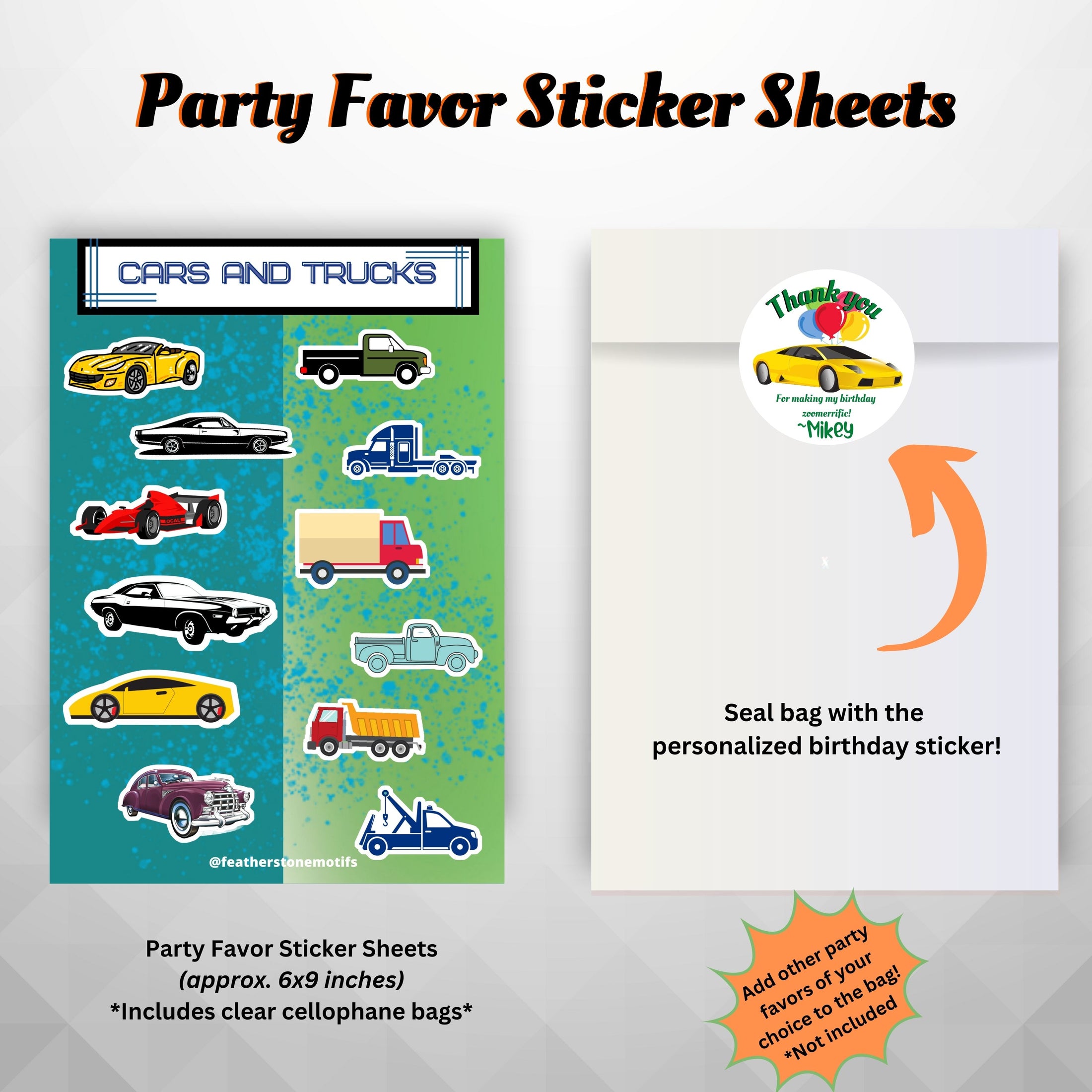 This image shows the cars and trucks sticker sheet included as a party favor, the cellophane bag, and the personalized paper thank you sticker. 