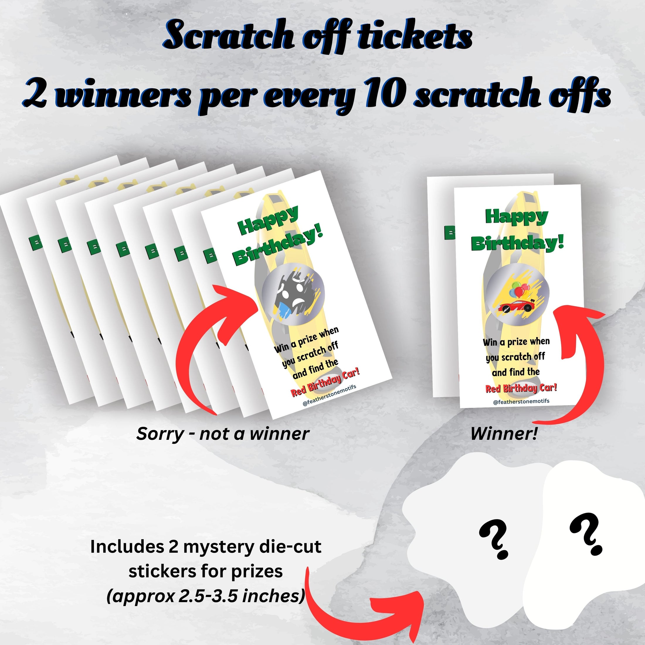 This image shows the scratch-off cards highlighting the winning and non-winning images. Each set of 10 scratch-off cards includes 2 mystery die-cut stickers as prizes.