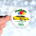 Load image into Gallery viewer, This image shows a hand holding the personalized car themed thank you sticker
