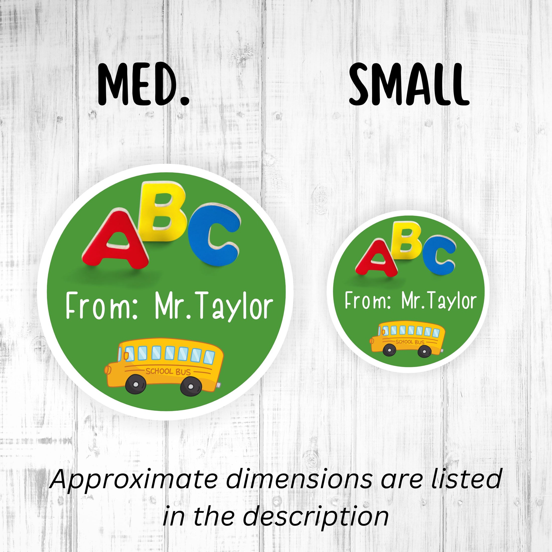 This image shows medium and small personalized school stickers next to each other as a size comparison.