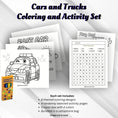 Load image into Gallery viewer, This image shows the Cars Coloring and Activity set with coloring pages, activity pages, and crayons.
