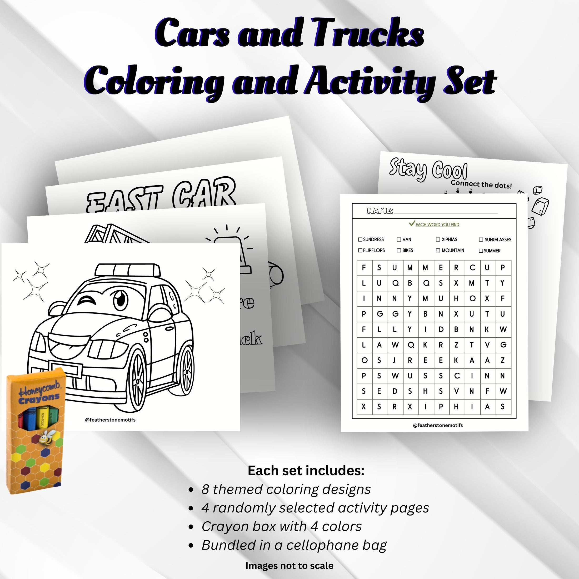 This image shows the Cars Coloring and Activity set with coloring pages, activity pages, and crayons.