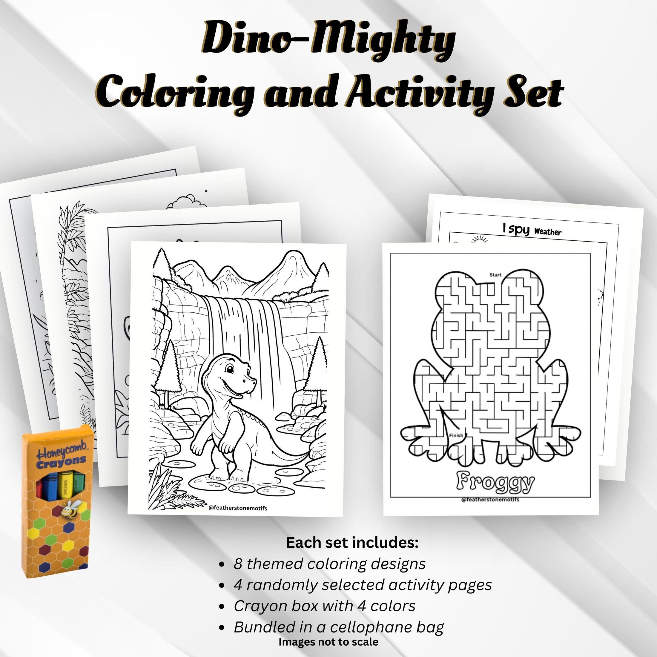 This image shows the Dino-Mighty Coloring and Activity set with coloring pages, activity pages, and crayons.