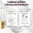 Load image into Gallery viewer, This image shows the Ladybugs and Bees Coloring and Activity set with coloring pages, activity pages, and crayons.
