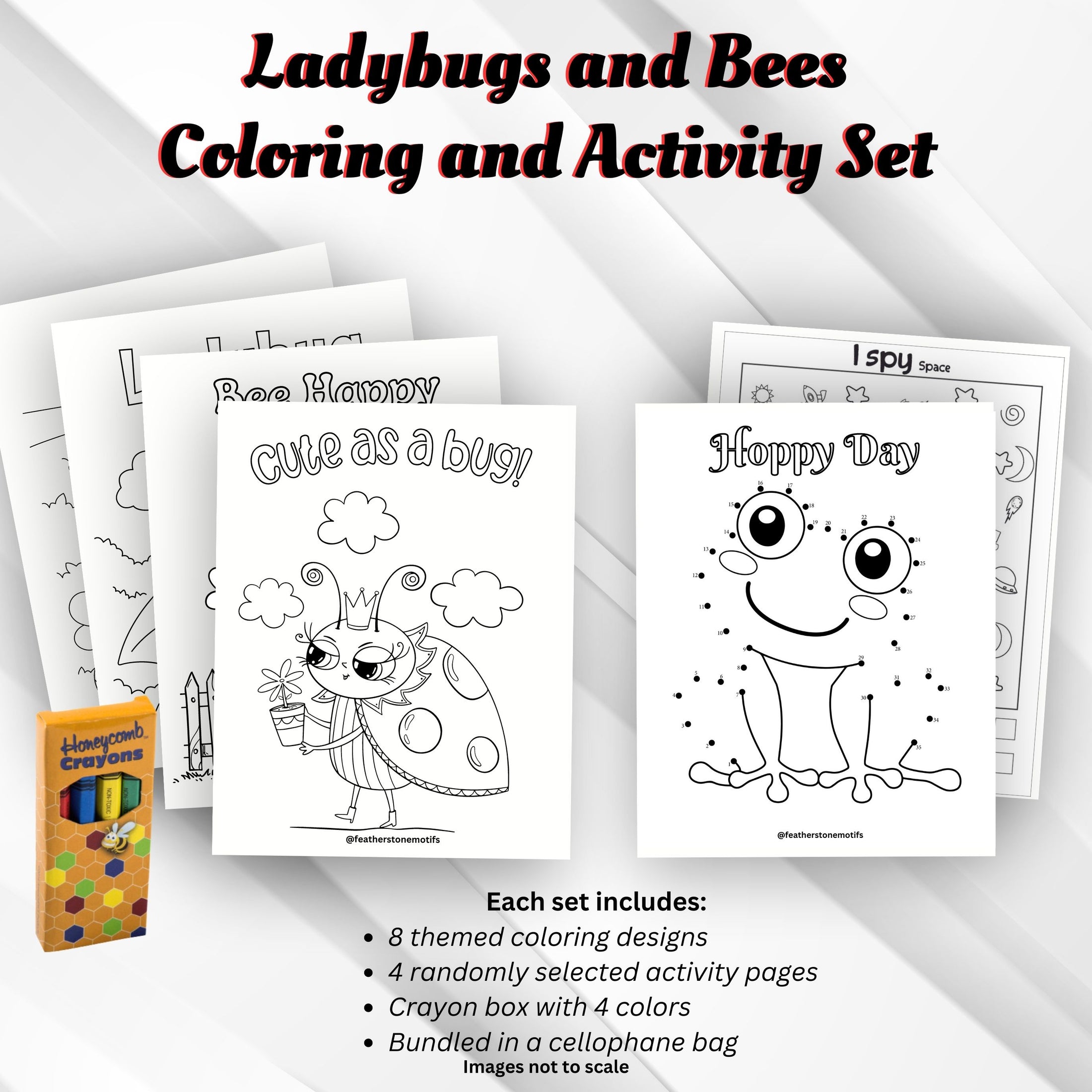 This image shows the Ladybugs and Bees Coloring and Activity set with coloring pages, activity pages, and crayons.