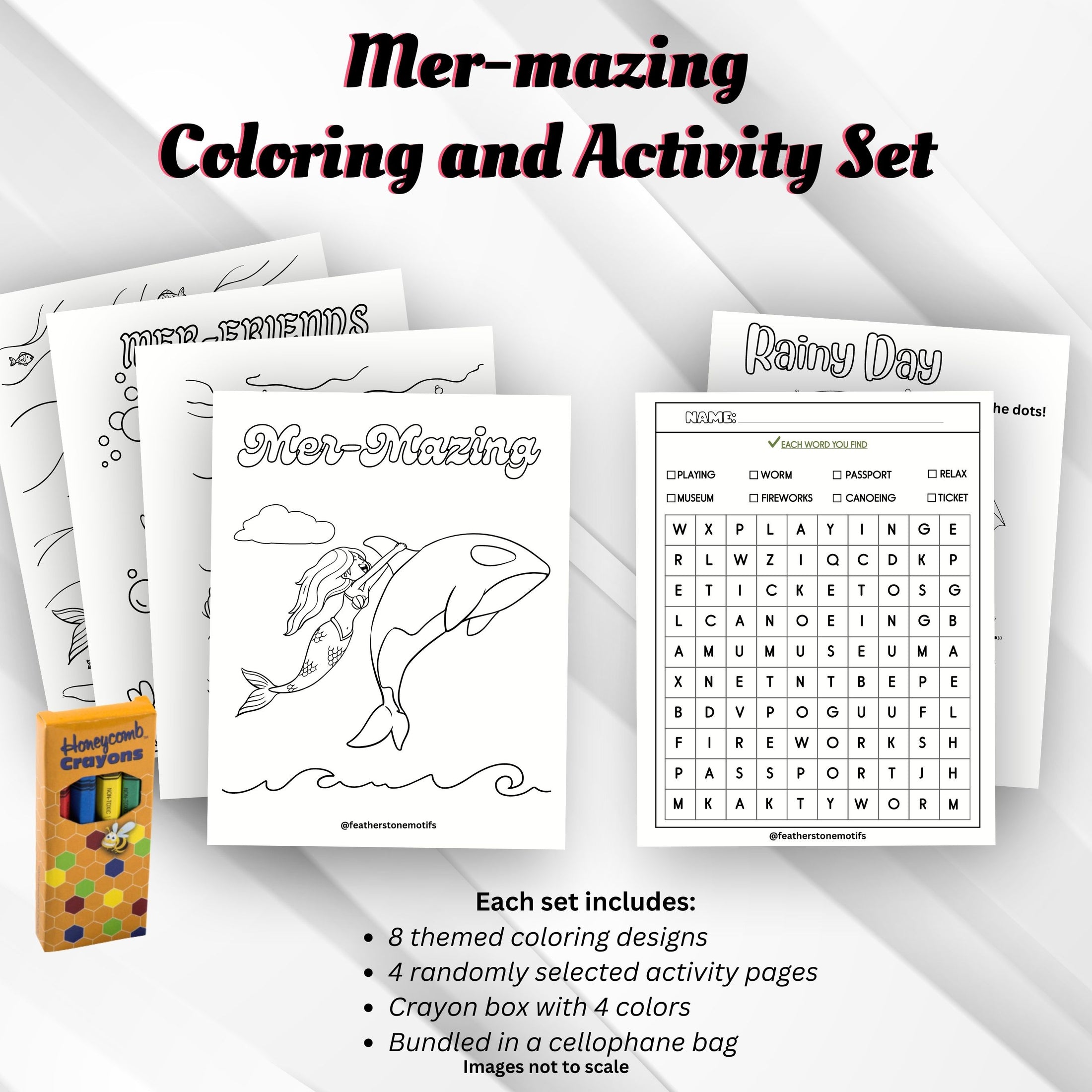 This image shows the Mermaids Coloring and Activity set with coloring pages, activity pages, and crayons.