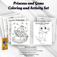 Load image into Gallery viewer, This image shows the Princess Coloring and Activity set with coloring pages, activity pages, and crayons.
