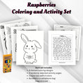Load image into Gallery viewer, This image shows the Raspberries Coloring and Activity set with coloring pages, activity pages, and crayons.
