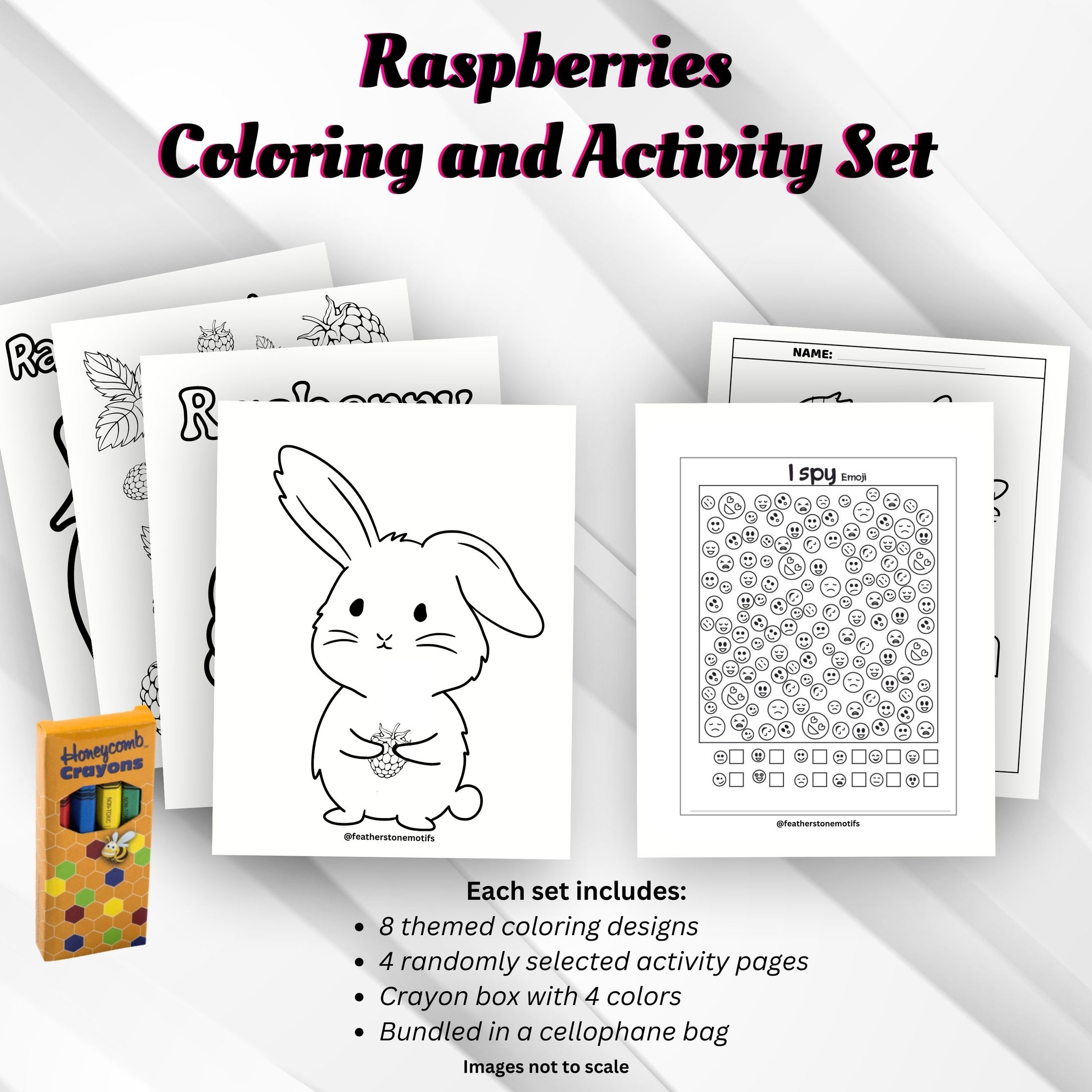 This image shows the Raspberries Coloring and Activity set with coloring pages, activity pages, and crayons.
