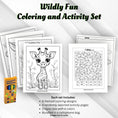 Load image into Gallery viewer, This image shows the Wildly Fun Coloring and Activity set with coloring pages, activity pages, and crayons.
