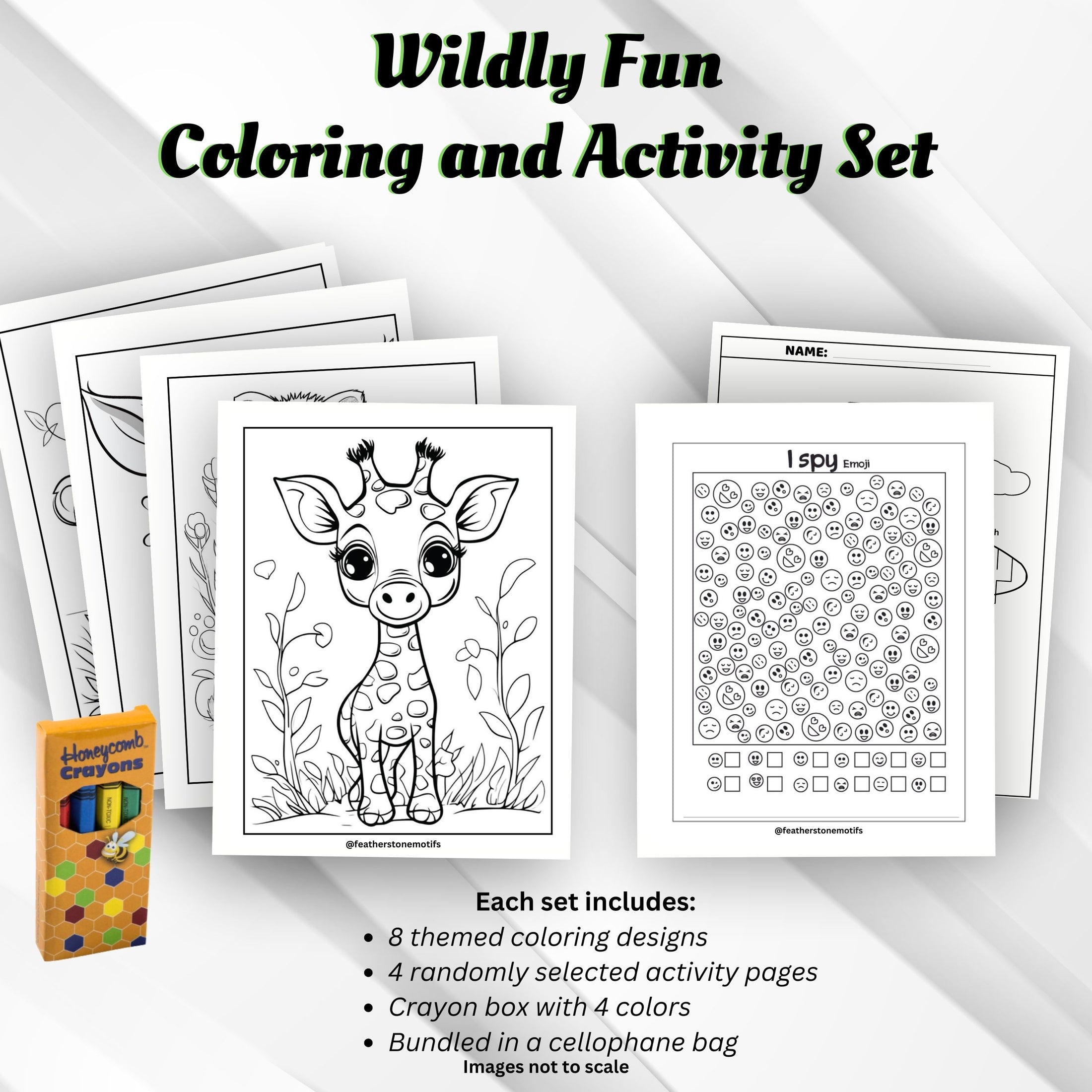 This image shows the Wildly Fun Coloring and Activity set with coloring pages, activity pages, and crayons.