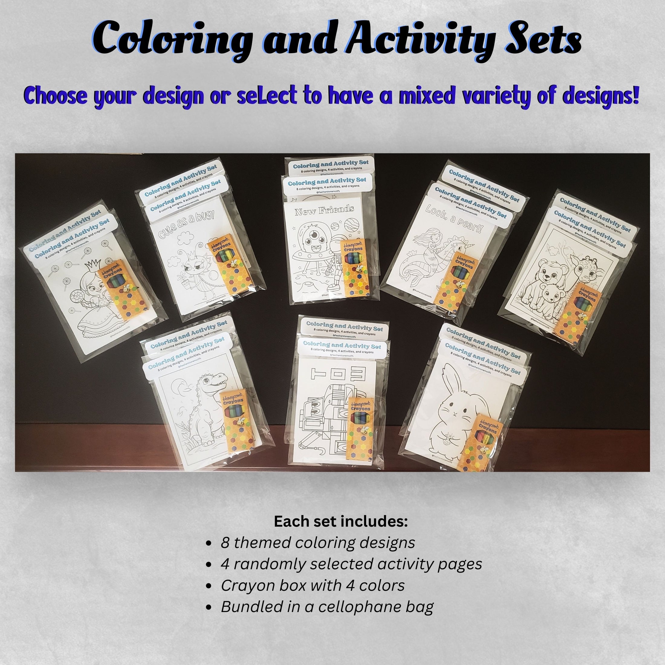 This image shows the coloring and activity sets in their final packaging