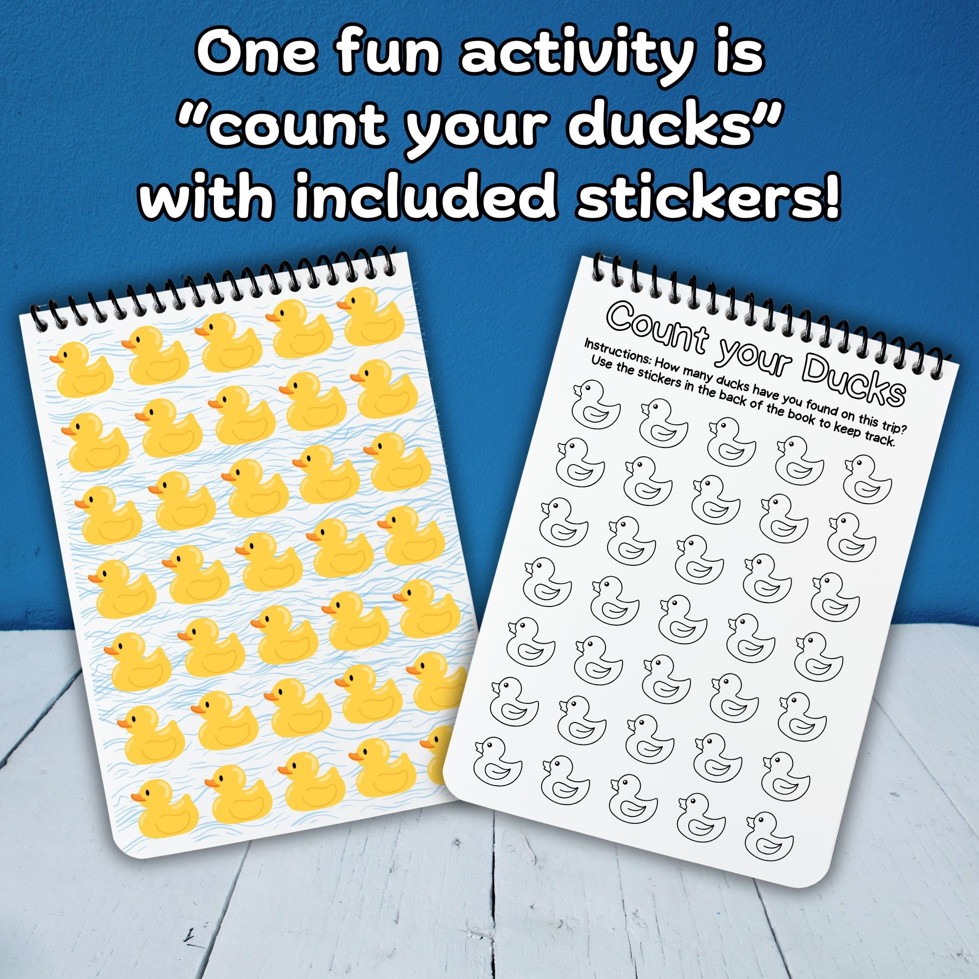 This image shows the "Count your Ducks" activity with stickers included in the Personalized Kids Cruise 5"x7" Activity Book with 32 pages of activities, sticker sheet, magnets, and crayons - Pirate Whale.