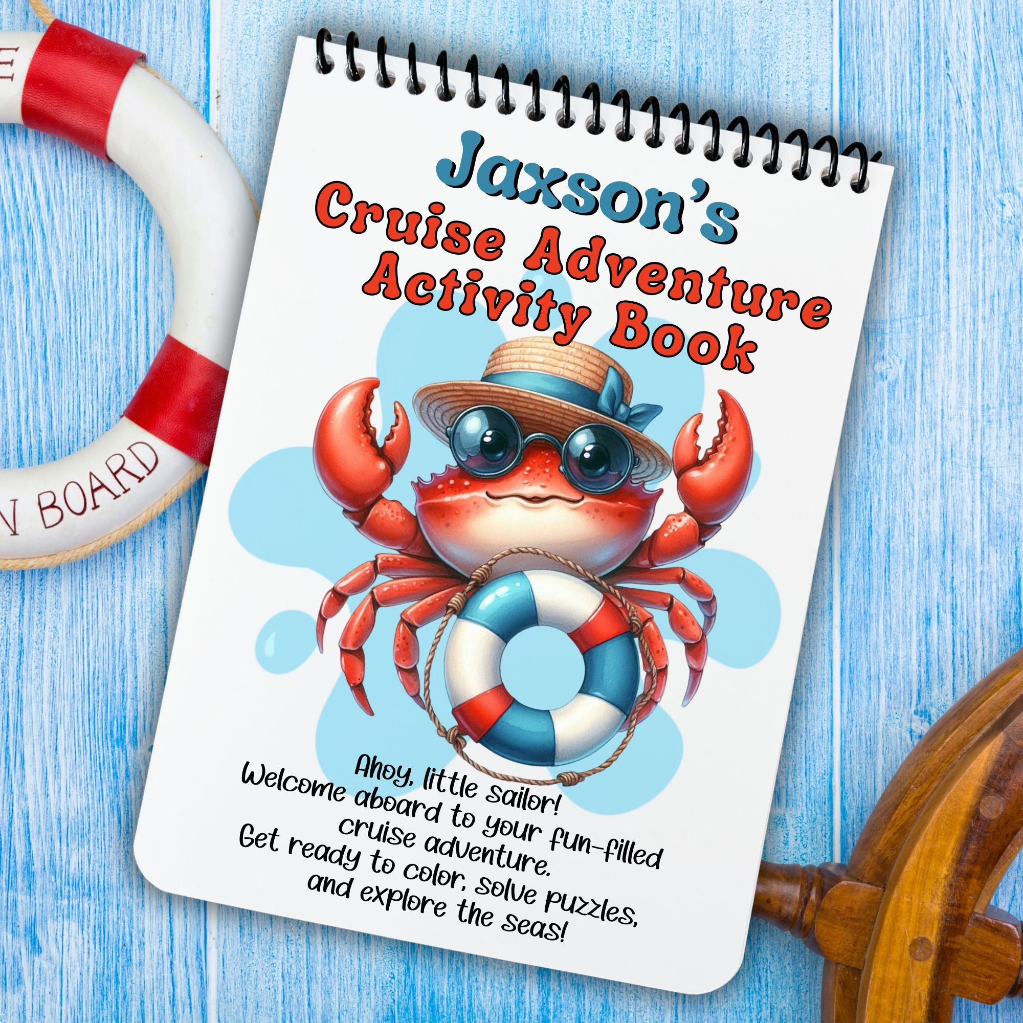 This image shows the cover of the Personalized Kids Cruise 5"x7" Activity Book with 32 pages of activities, sticker sheet, magnets, and crayons - Crab