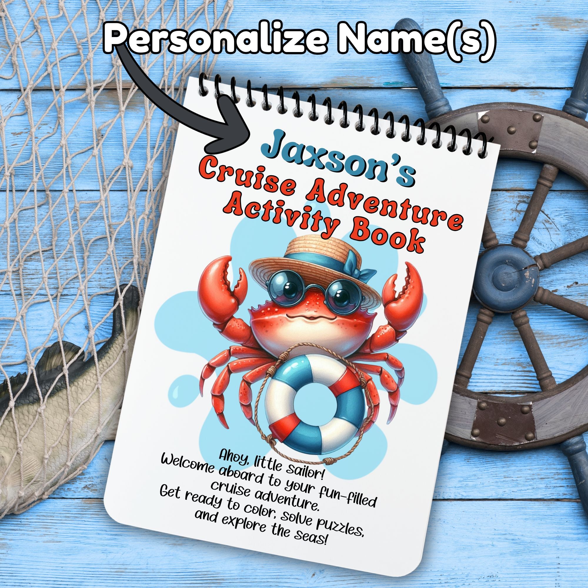 This image shows where the personalized name will be printed on the cover of the Personalized Kids Cruise 5"x7" Activity Book with 32 pages of activities, sticker sheet, magnets, and crayons - Crab.