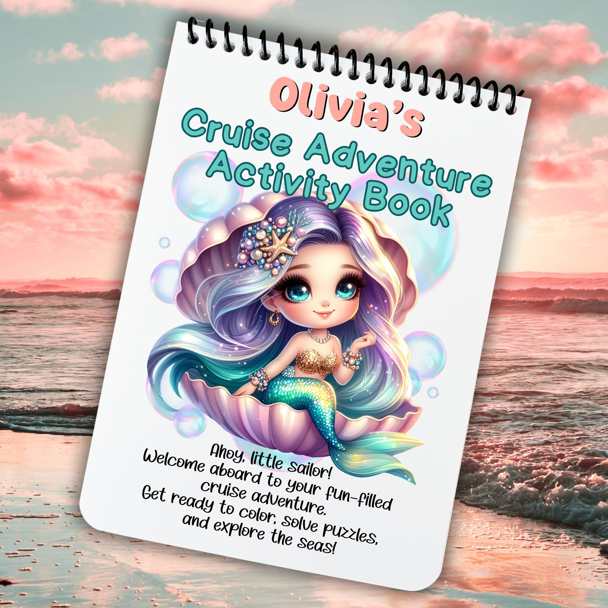 This image shows the cover of the Personalized Kids Cruise 5"x7" Activity Book with 32 pages of activities, sticker sheet, magnets, and crayons - Mermaid 2.