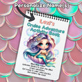 Load image into Gallery viewer, This image shows where the personalized name will be printed on the cover of the Personalized Kids Cruise 5"x7" Activity Book with 32 pages of activities, sticker sheet, magnets, and crayons - Mermaid 2.
