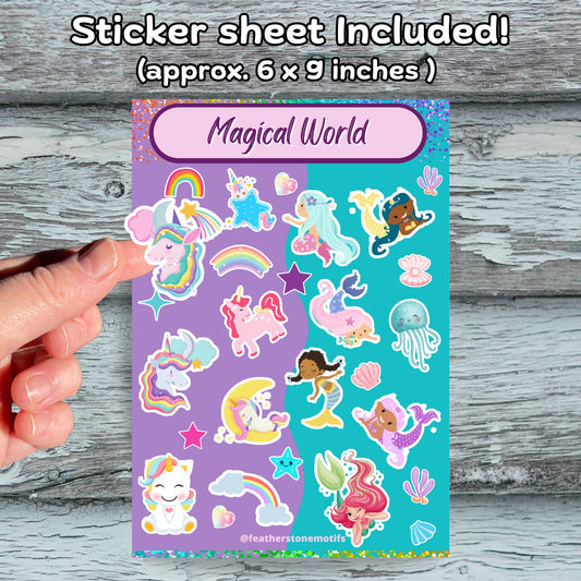 This image shows the 6x9 vinyl sticker sheet included with the Personalized Kids Cruise 5"x7" Activity Book with 32 pages of activities, sticker sheet, magnets, and crayons - Mermaid 2