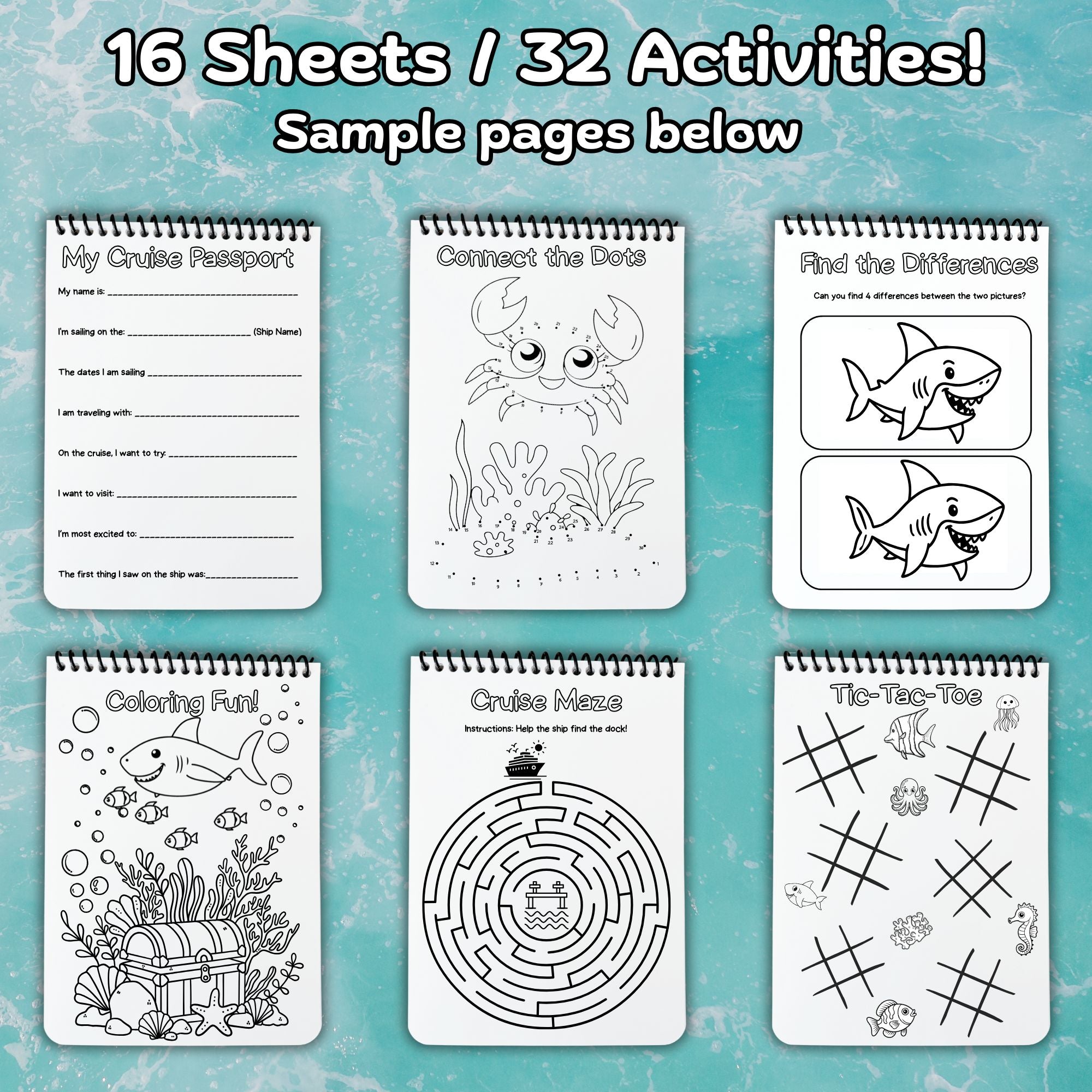 This image shows a sample of the 32 activity pages included in the Personalized Kids Cruise 5"x7" Activity Book with 32 pages of activities, sticker sheet, magnets, and crayons - Pirate Whale.