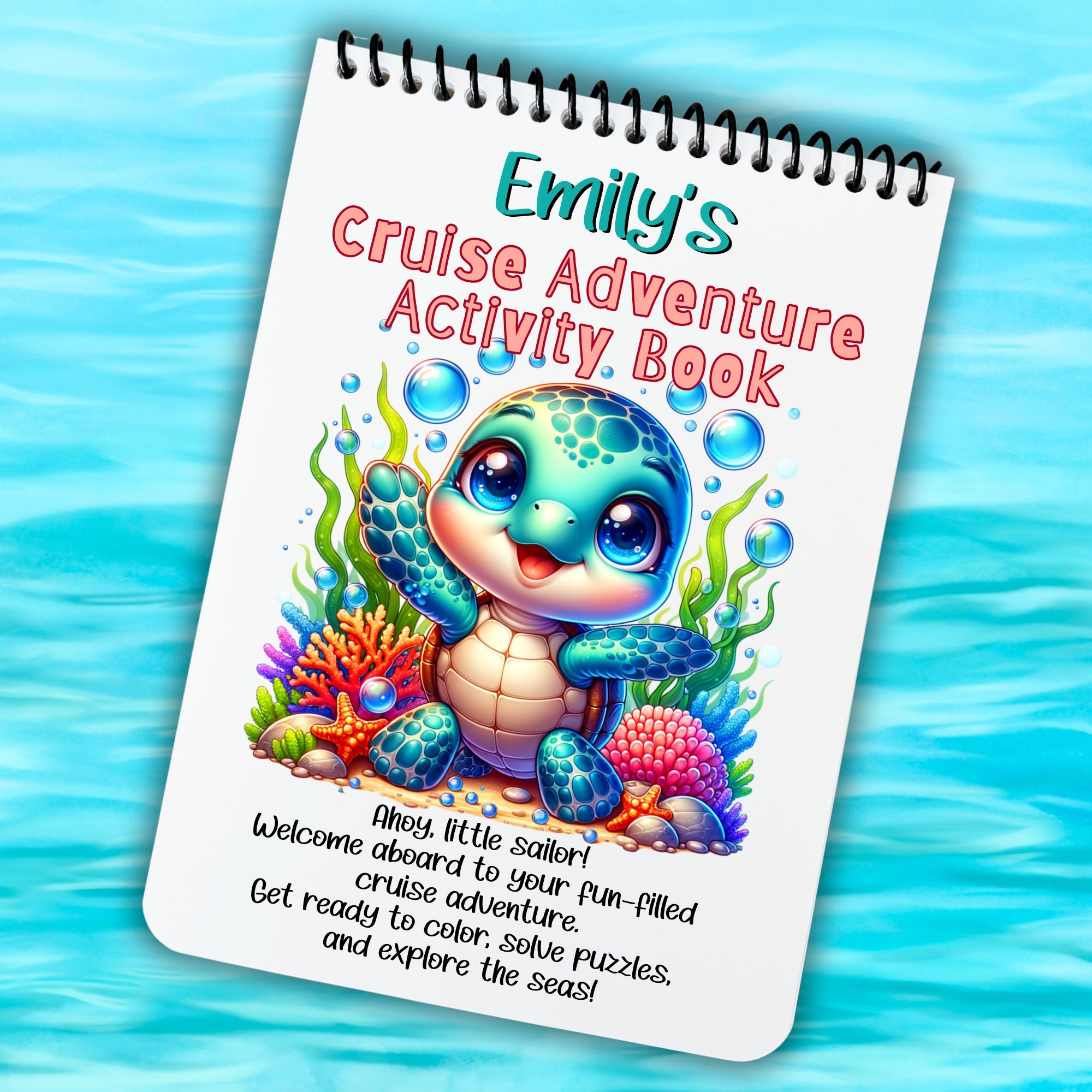 This image shows the cover of the Personalized Kids Cruise 5"x7" Activity Book with 32 pages of activities, sticker sheet, magnets, and crayons - Turtle.