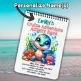 Load image into Gallery viewer, This image shows where the personalized name will be printed on the cover of the Personalized Kids Cruise 5"x7" Activity Book with 32 pages of activities, sticker sheet, magnets, and crayons - Turtle.
