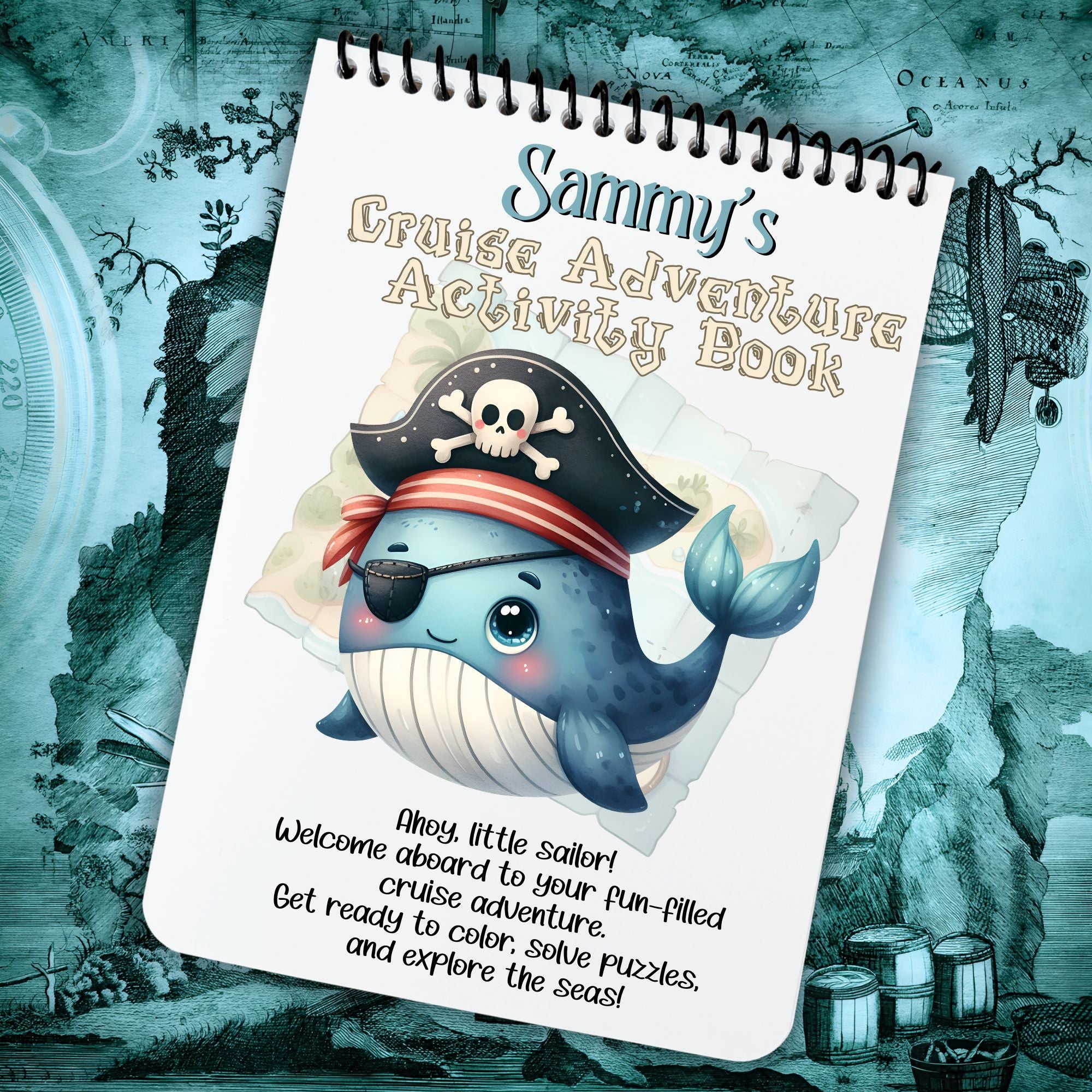 This image shows the cover of the Personalized Kids Cruise 5"x7" Activity Book with 32 pages of activities, sticker sheet, magnets, and crayons - Pirate Whale.