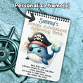 Load image into Gallery viewer, This image shows where the personalized name will be printed on the cover of the Personalized Kids Cruise 5"x7" Activity Book with 32 pages of activities, sticker sheet, magnets, and crayons - Pirate Whale.
