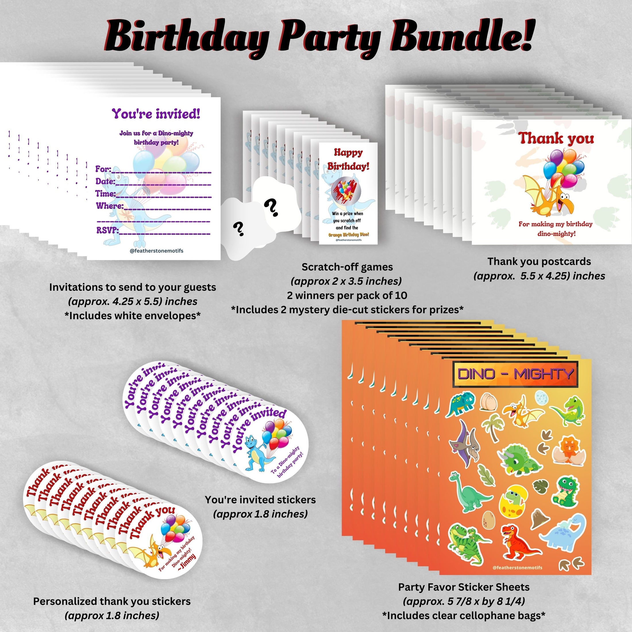 This cover image shows the stickers, scratch-off cards, invitations, postcards, and sticker sheets available in this bundle.