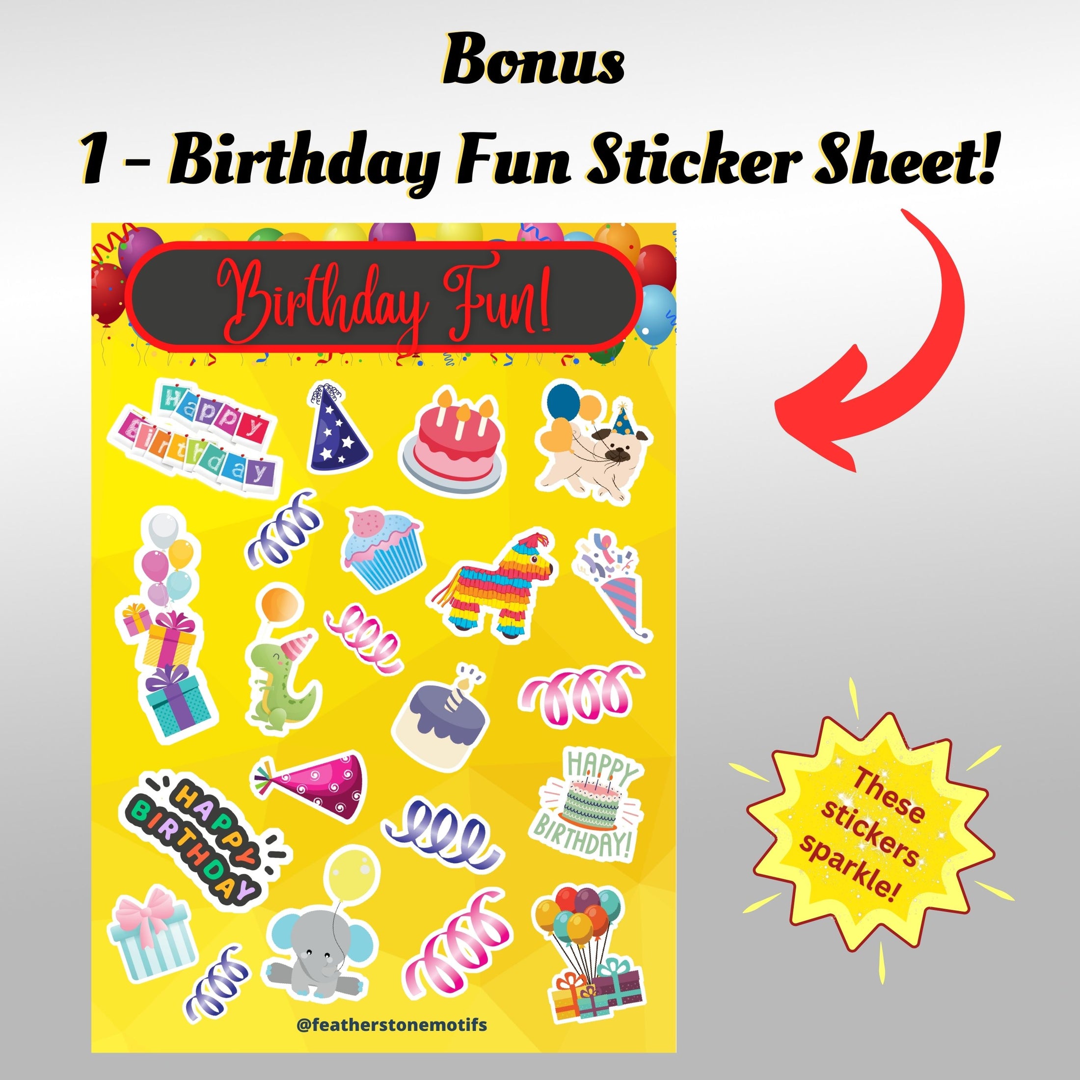 This image shows the Birthday Fun sticker sheet that is included with each order.