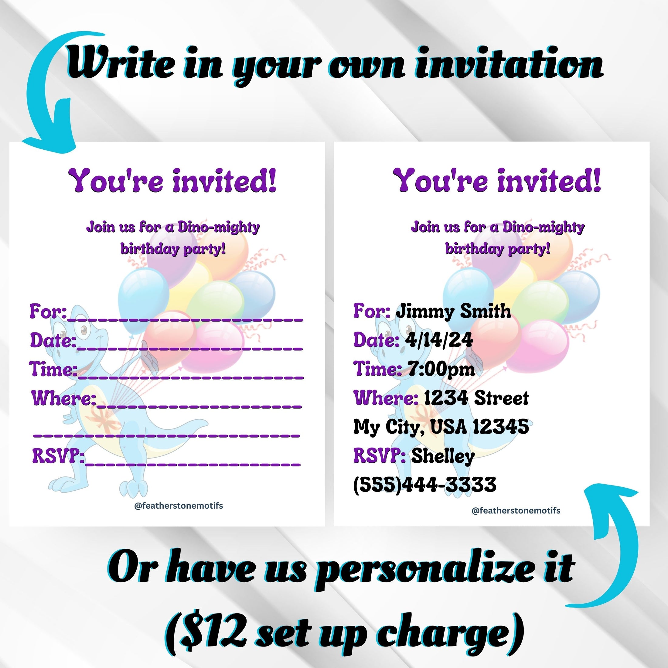 This image shows the invitation with blank lines to fill in yourself, or pre-printed by Featherstone Motifs for an additional set up fee.